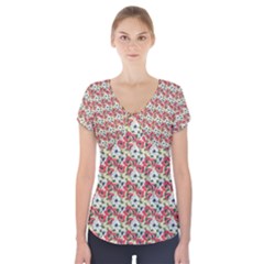 Gorgeous Red Flower Pattern  Short Sleeve Front Detail Top by Brittlevirginclothing