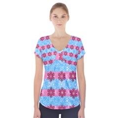Pink Snowflakes Pattern Short Sleeve Front Detail Top by Brittlevirginclothing