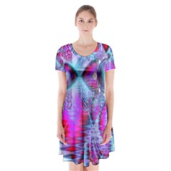 Crystal Northern Lights Palace, Abstract Ice  Short Sleeve V-neck Flare Dress by DianeClancy