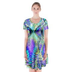 Abstract Peacock Celebration, Golden Violet Teal Short Sleeve V-neck Flare Dress by DianeClancy