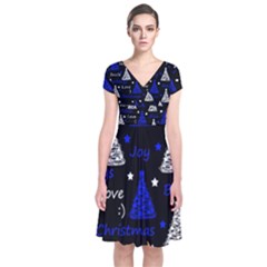 New Year Pattern - Blue Short Sleeve Front Wrap Dress by Valentinaart