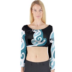 Blue Abstract Cat Long Sleeve Crop Top by Valentinaart