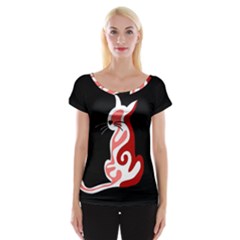 Red Abstract Cat Women s Cap Sleeve Top by Valentinaart