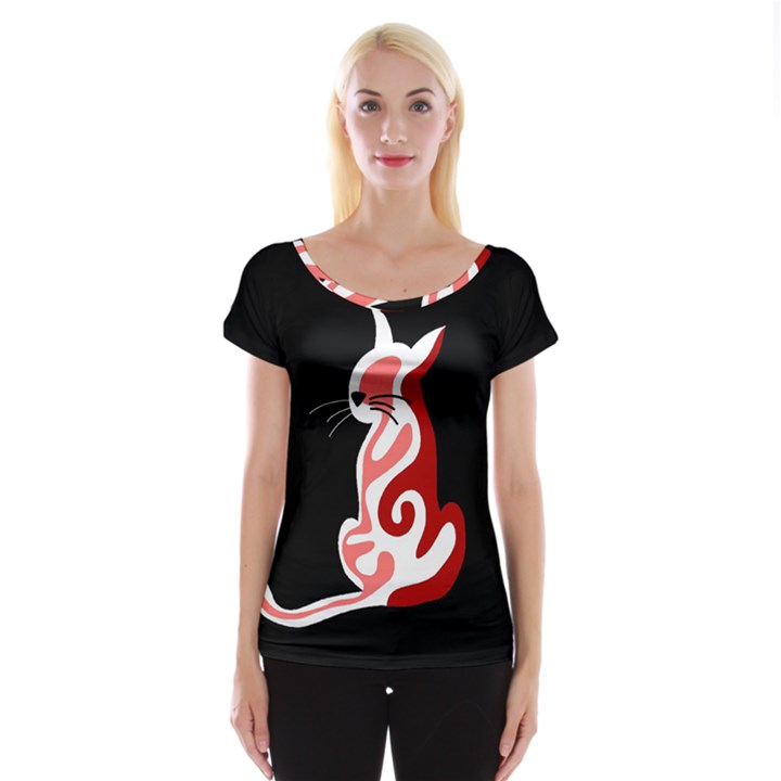 Red abstract cat Women s Cap Sleeve Top