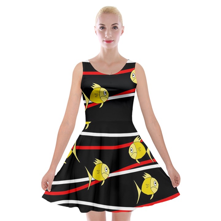 Five yellow fish Velvet Skater Dress