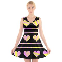 Pink And Yellow Harts Pattern V-neck Sleeveless Skater Dress by Valentinaart