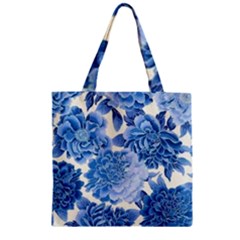 Blue Toned Flowers Zipper Grocery Tote Bag by Brittlevirginclothing