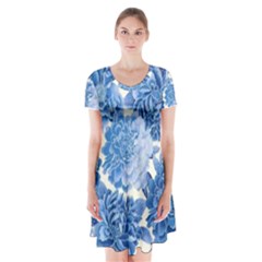 Blue Flowers Short Sleeve V-neck Flare Dress by Brittlevirginclothing
