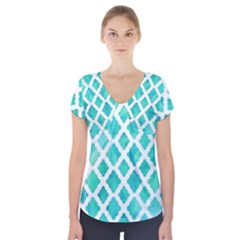 Blue Mosaic Short Sleeve Front Detail Top by Brittlevirginclothing