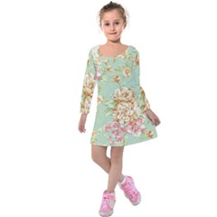 Vintage Pastel Flowers Kids  Long Sleeve Velvet Dress by Brittlevirginclothing