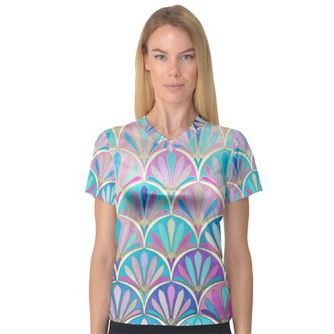 Colorful Lila Toned Mosaic Women s V-neck Sport Mesh Tee by Brittlevirginclothing