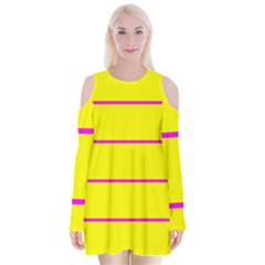 Background Image Horizontal Lines And Stripes Seamless Tileable Magenta Yellow Velvet Long Sleeve Shoulder Cutout Dress by Amaryn4rt