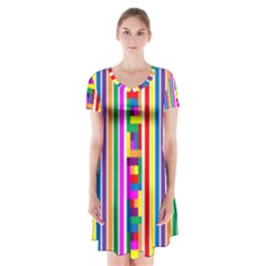 Rainbow Geometric Design Spectrum Short Sleeve V-neck Flare Dress by Nexatart