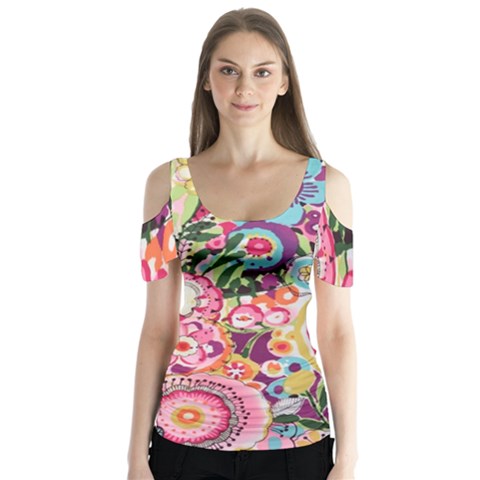 Colorful Flower Pattern Butterfly Sleeve Cutout Tee  by Brittlevirginclothing
