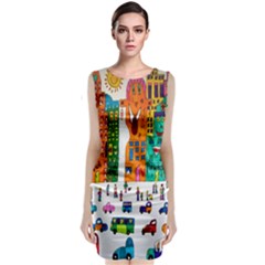 Painted Autos City Skyscrapers Sleeveless Velvet Midi Dress