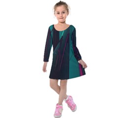 Abstract Green Purple Kids  Long Sleeve Velvet Dress