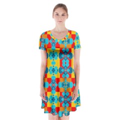 Pop Art Abstract Design Pattern Short Sleeve V-neck Flare Dress