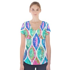 Rainbow Moroccan Mosaic  Short Sleeve Front Detail Top by Brittlevirginclothing