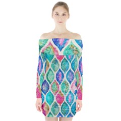 Rainbow Moroccan Mosaic  Long Sleeve Off Shoulder Dress by Brittlevirginclothing