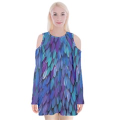 Blue Bird Feather Velvet Long Sleeve Shoulder Cutout Dress by Brittlevirginclothing