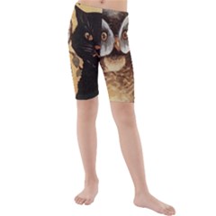 Owl And Black Cat Kids  Mid Length Swim Shorts by Nexatart