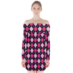 Argyle Pattern Pink Black Long Sleeve Off Shoulder Dress by Nexatart