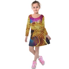 Broncefigur Golden Dragon Kids  Long Sleeve Velvet Dress by Nexatart