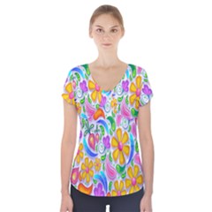 Floral Paisley Background Flower Short Sleeve Front Detail Top by Nexatart