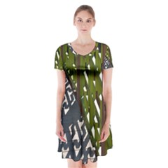 Shadow Reflections Casting From Japanese Garden Fence Short Sleeve V-neck Flare Dress