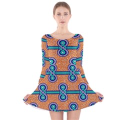 African Fabric Iron Chains Blue Orange Long Sleeve Velvet Skater Dress by Alisyart