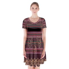 Ulos Suji Traditional Art Pattern Short Sleeve V-neck Flare Dress by Amaryn4rt