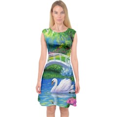 Swan Bird Spring Flowers Trees Lake Pond Landscape Original Aceo Painting Art Capsleeve Midi Dress by Amaryn4rt