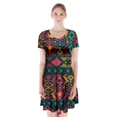 Traditional Art Ethnic Pattern Short Sleeve V-neck Flare Dress by Simbadda