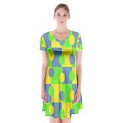 Abric Cotton Bright Blue Lime Short Sleeve V-neck Flare Dress by Simbadda