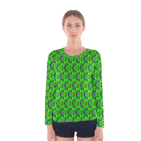 Green Abstract Art Circles Swirls Stars Women s Long Sleeve Tee by Simbadda