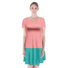 Flag Color Pink Blue Line Short Sleeve V-neck Flare Dress by Alisyart