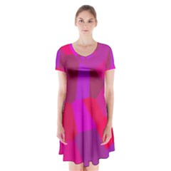 Voronoi Pink Purple Short Sleeve V-neck Flare Dress