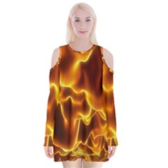 Sea Fire Orange Yellow Gold Wave Waves Velvet Long Sleeve Shoulder Cutout Dress by Alisyart