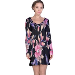 Neon Flowers Black Background Long Sleeve Nightdress by Simbadda