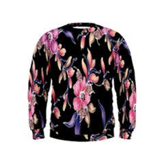 Neon Flowers Black Background Kids  Sweatshirt by Simbadda