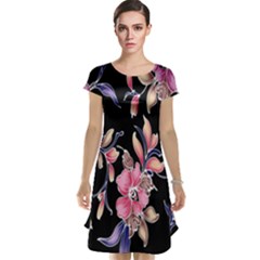 Neon Flowers Black Background Cap Sleeve Nightdress by Simbadda