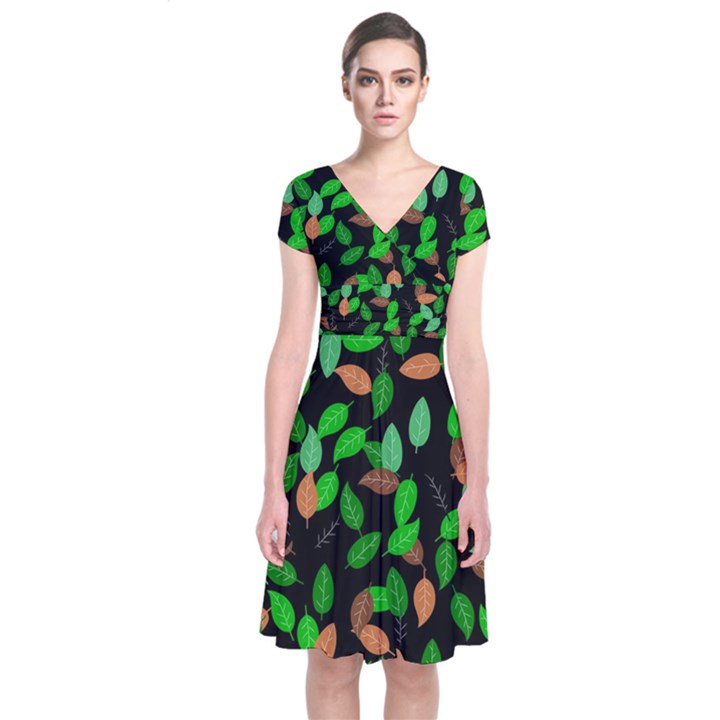 Leaves True Leaves Autumn Green Short Sleeve Front Wrap Dress