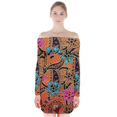 Colorful The Beautiful Of Art Indonesian Batik Pattern Long Sleeve Off Shoulder Dress by Simbadda