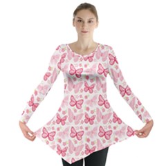 Cute Pink Flowers And Butterflies Pattern  Long Sleeve Tunic  by TastefulDesigns