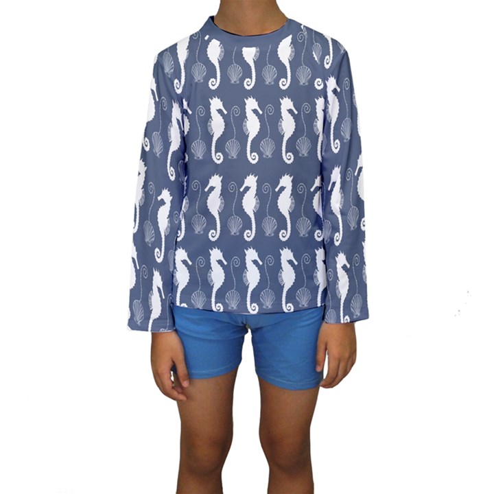 Seahorse And Shell Pattern Kids  Long Sleeve Swimwear