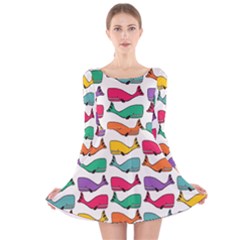 Small Rainbow Whales Long Sleeve Velvet Skater Dress by Simbadda