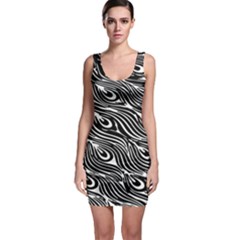 Digitally Created Peacock Feather Pattern In Black And White Sleeveless Bodycon Dress by Simbadda