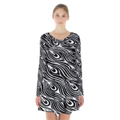Digitally Created Peacock Feather Pattern In Black And White Long Sleeve Velvet V-neck Dress by Simbadda