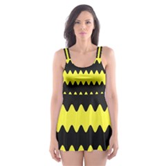 Yellow Black Chevron Wave Skater Dress Swimsuit