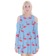 Flamingo Pattern Velvet Long Sleeve Shoulder Cutout Dress by Valentinaart